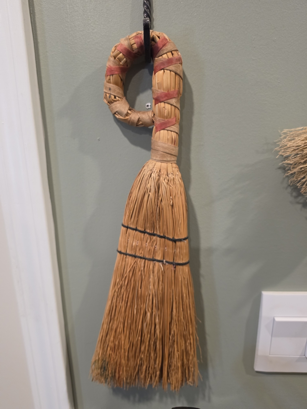 Handwoven Decorative Straw Broom with Twisted Handle - Vintage 1970s